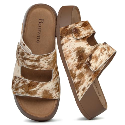 Image of Platform Sandals Women Genuine Leather Slip-on Beach Slide Buckle Comfortable Sandals with Memory Foam Soft Lining and Open Toe Low Wedges