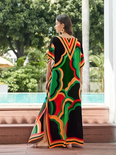 Image of IMAGEKOPE Women's Plus Size Loose Fit Moroccan Print V-Neck Batwing Kaftan Beach Dress Bathing Suit Cover Up