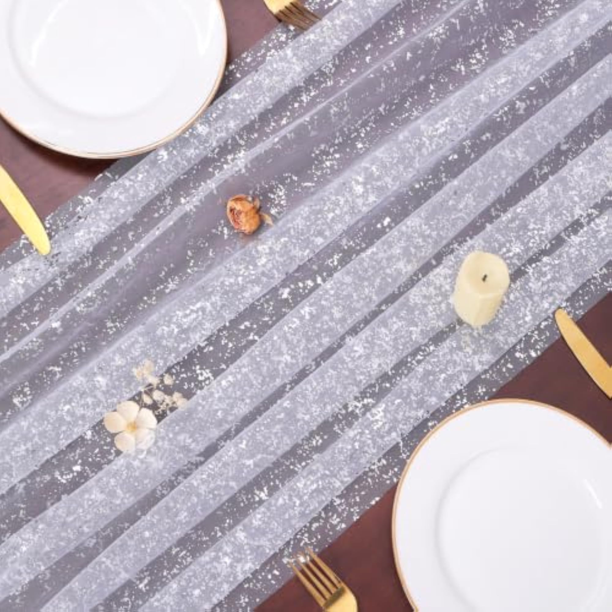 10 Ft White Silver Gauze Table Runner