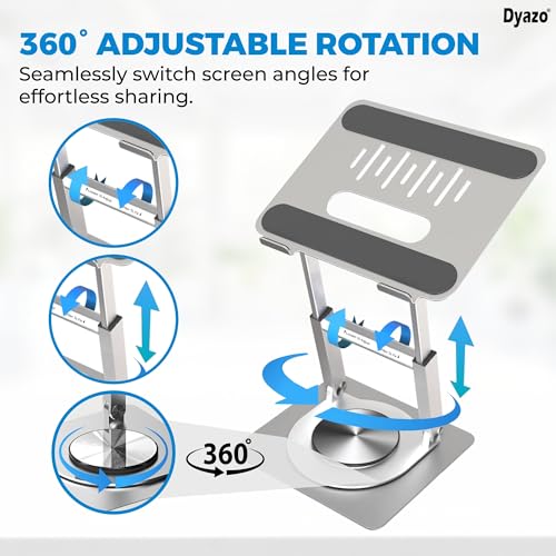 Image of Dyazo 360 Rotating Laptop Stand Holder | Height Adjustable & Foldable Riser for 10-15.6 Inch Laptop | Anti Slip Pads with Heat Vent | Compatible for MacBook, Dell, HP, Lenovo & Other Notebook- Silver