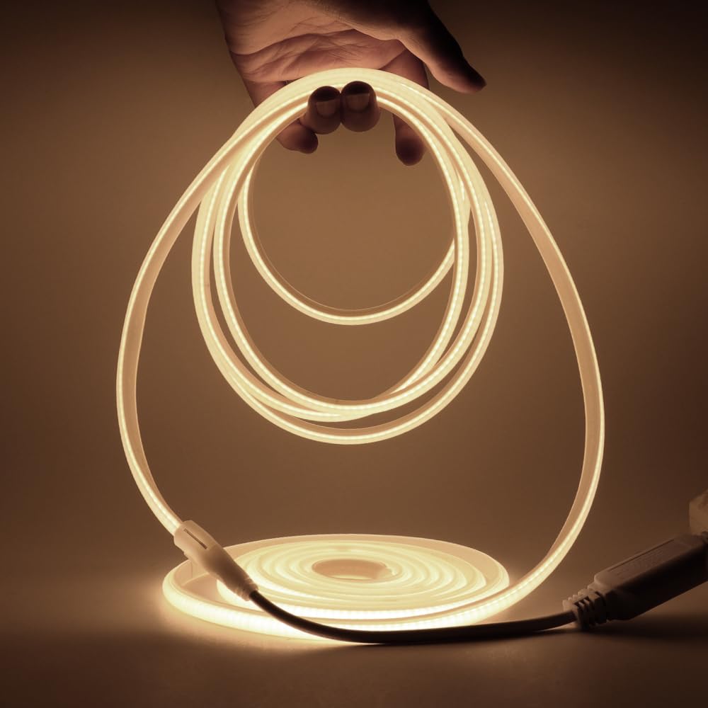 HEGEHE Dimmable COB Neon Light Strip with 220V Dimmer Switch, Cut to 50cm, 288LED/m Flexible and Waterproof Silica Gel Rope Light(4m, Natural White)