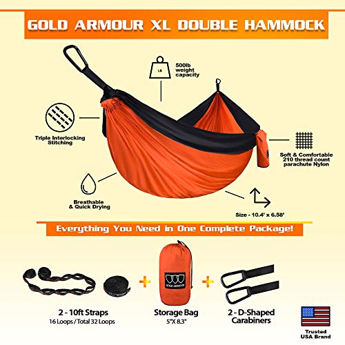 Gold Armour Camping Hammock - Xl Double Hammock Portable Hammock Camping Accessories Gear For Outdoor Indoor With Tree Straps, Usa Based Brand (Orange And Black) #TOP1