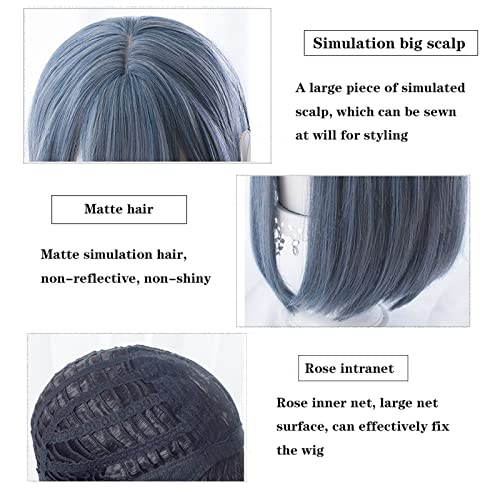 Perruque droite gris bleu naturel avec frange longs cheveux lisses