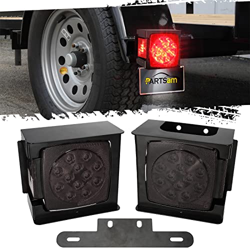 Image of Partsam 12V Submersible Square Led Trailer Lights Smoked Red Combination Led Stop Tail Brake Turn Signal Light Mounting Box Left Right and License Plate Bracket
