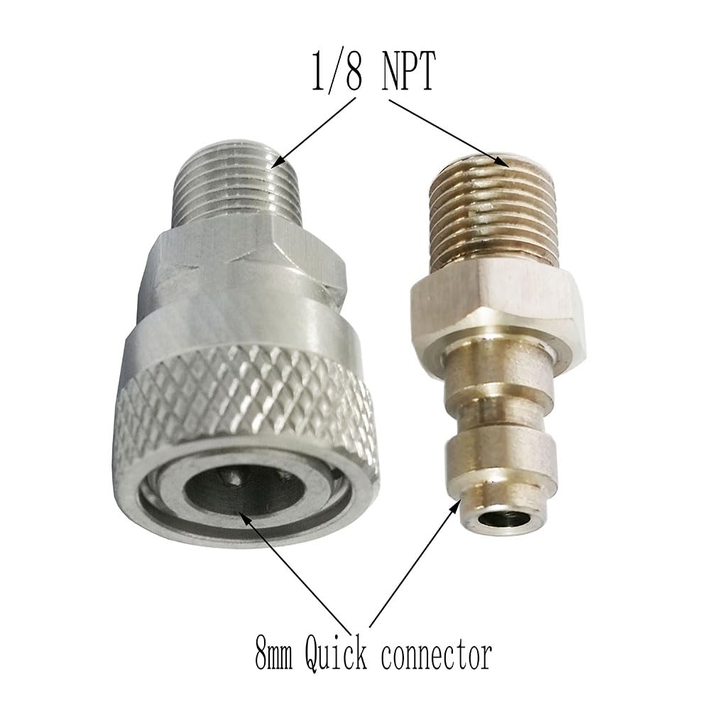1 Set 1/8 NPT Double Male Connector and 8mm Fill Nipple Plug Quick-Disconnect Stainless Steel PCP Remote Line Adapter