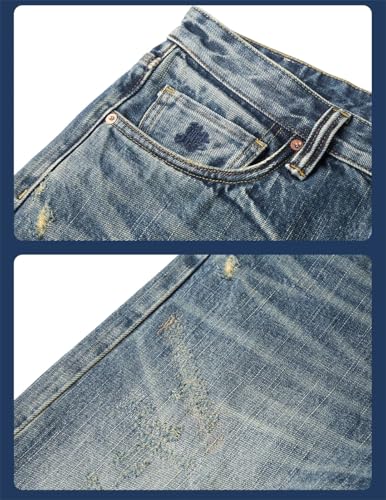 Men High Standard Loose Relax Selvedge Denim Jeans 100% Cotton Fabric Pants Dark Blue 312