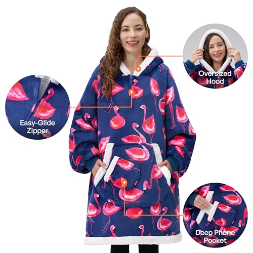Image of Giggling Getup Wearable Blanket Hoodie for Adults Gifts for Teen Girls Sister Women Sherpa Fleece Printed Hooded Blanket Sweatshirt Warm Cozy with Pocket & Sleeves Blue Flamingo