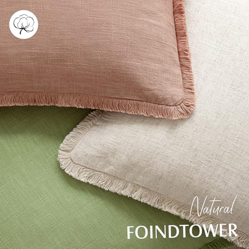 Image of Foindtower Set of 2 Decorative Linen Fringe Throw Pillow Covers Cozy Boho Farmhouse Cushion Cover with Tassels Soft Accent Pillowcase for Couch Sofa Bed Living Room Home Decor,18x18 Inch,Coral Pink