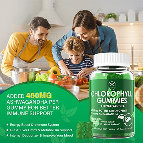 Chlorophyll Gummies, High Potency 200Mg, With Organic Ashwagandha & Vitamin D - Natural Energy Booster, Immune & Digestion System Support, Internal Deodorant, Anti-Inflammatory, Skin Care, 2Pc/120Ct #TOP1