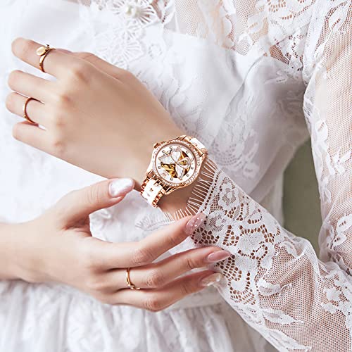 OLEVS Automatic Watch for Women Butterfly Watch Two Tone Ceramic Stainless Steel Self Winding Womens Skeleton Watches Luxury Diamond Analog Watch Women White Mother of Pearl Large Face Waterproof