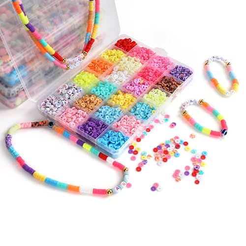 Image of ambitieux Diy Bracelet Making Kit - 6000+ Pcs 24 Colorful Clay Beads, 10M Elastic Thread, Jute Bag, And Cutter - Gift For Girls Birthdays (Clay Beads 1),Multicolor