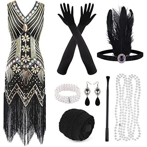 FEPITO Vestido con flecos y lentejuelas con cuello en V de los años 20 y accesorios de los años 20 Cover