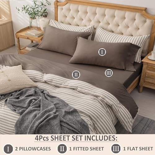PURE ERA Jersey Knit 4pc Bed Sheet Set 100% T-Shirt Cotton Super Soft Comfy Breathable Fits Mattress Up to 20" Extra Deep Pocket (Solid Brown, Full)