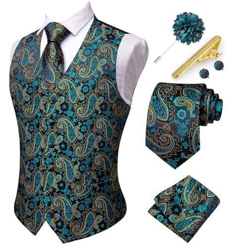 Hi-Tie Men's Suit Vest Business Formal Waistcoat Paisley Jacquard Tie Suit Waistcoat Set for Wedding Party