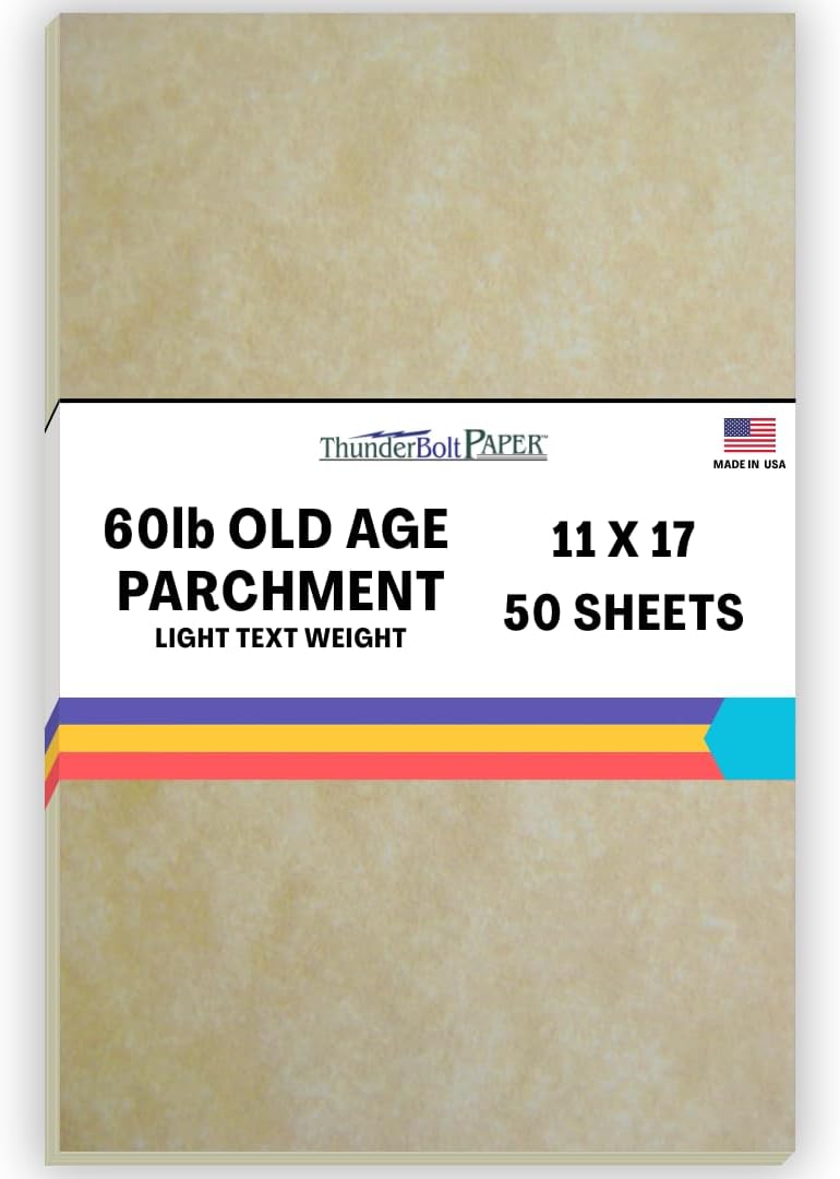 ThunderBolt Paper 50 Parchment 60# Text (=24# Bond) Paper Sheets - 11" X 17" (11X17 Inches) Tabloid|Ledger|Booklet Size - Vintage Colored Old Parchment Semblance