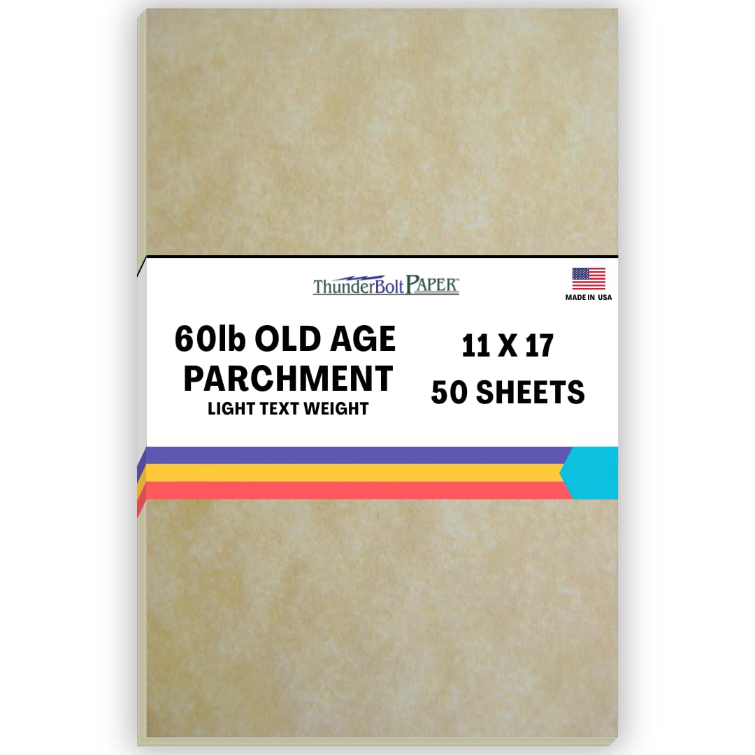 50 Parchment 60# Text (=24# Bond) Paper Sheets - 11" X 17" (11X17 Inches) Tabloid|Ledger|Booklet Size - Vintage Colored Old Parchment Semblance