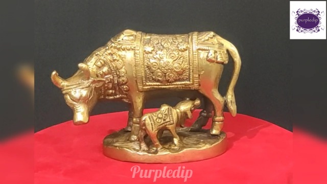 Estatua de Bronce Kamdhenu Vaca y Ternero miniatura 7