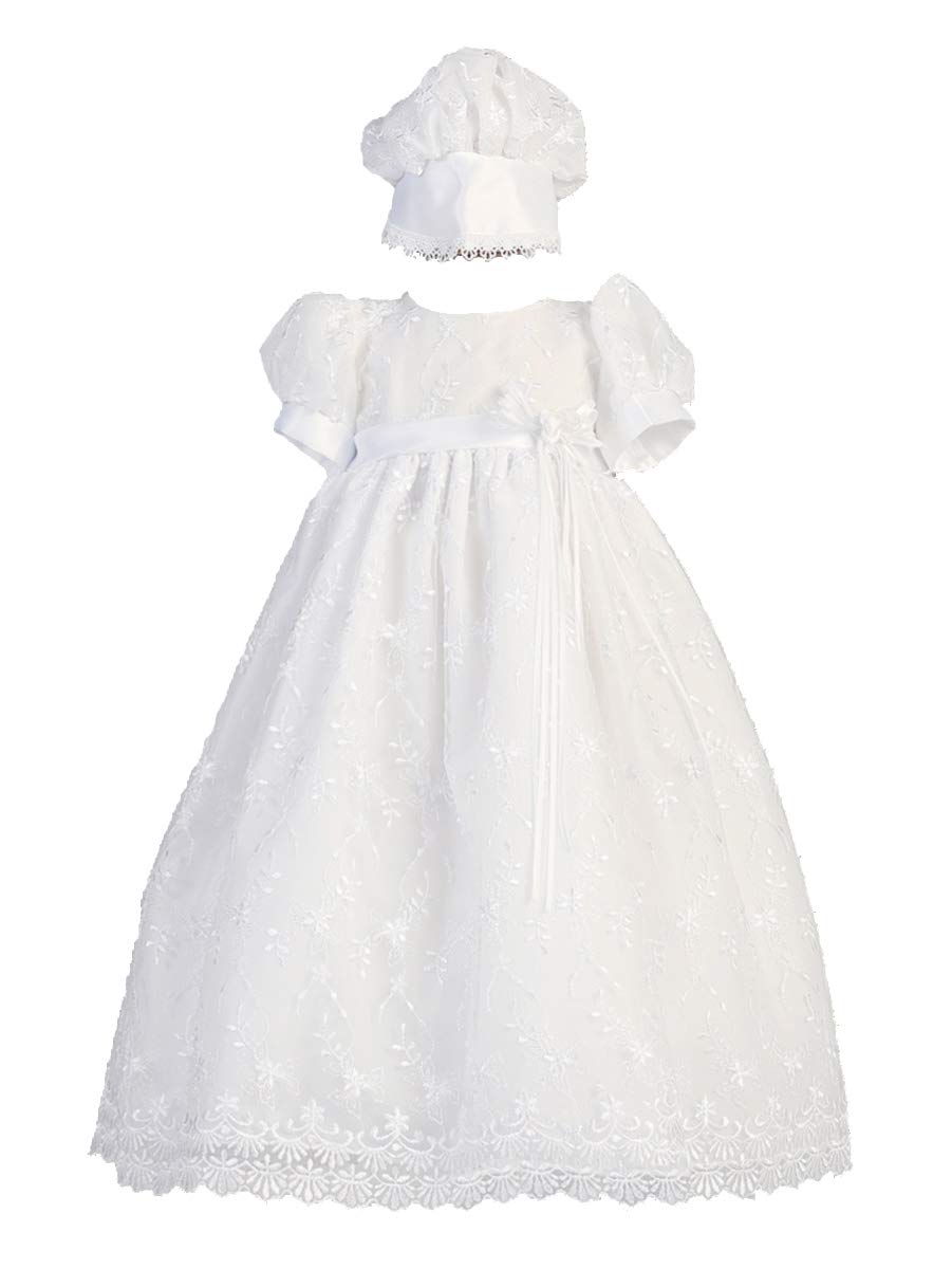 SWEA Pea & Lilli Emma Girls Christening Baptism Embroidered Tulle Gown Dress (12-18m) White