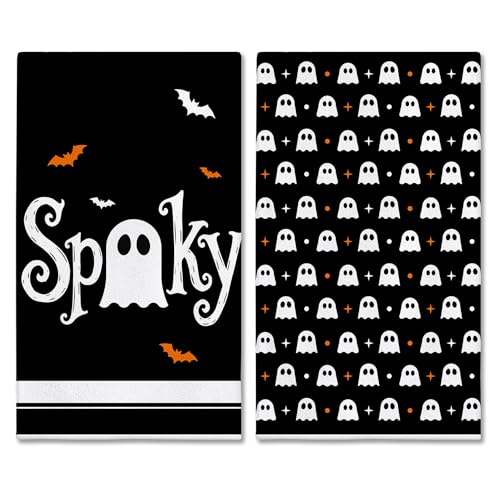 Image of Hexagram Halloween Kitchen Towels, Ghost Spooky Halloween Hand Towels | Black Dish Towel, Ghost Bathroom Decor, Sets of 2, 18 inchx28 inch, Gifts