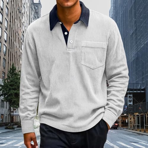 Men's Retro Corduroy Shirts Half Button Long Sleeves Color Block Polo Shirt Daily Casual Collared Tops with Pocket2