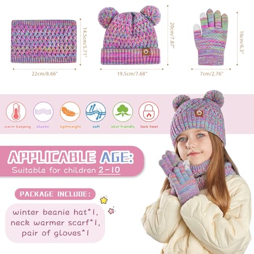 Image of Kids Winter Hat Gloves Scarf Set,Toddler Girls Winter Hat Kids Beanie with Pom Neck Warmer Gaiter Mittens Fleece Lined Set