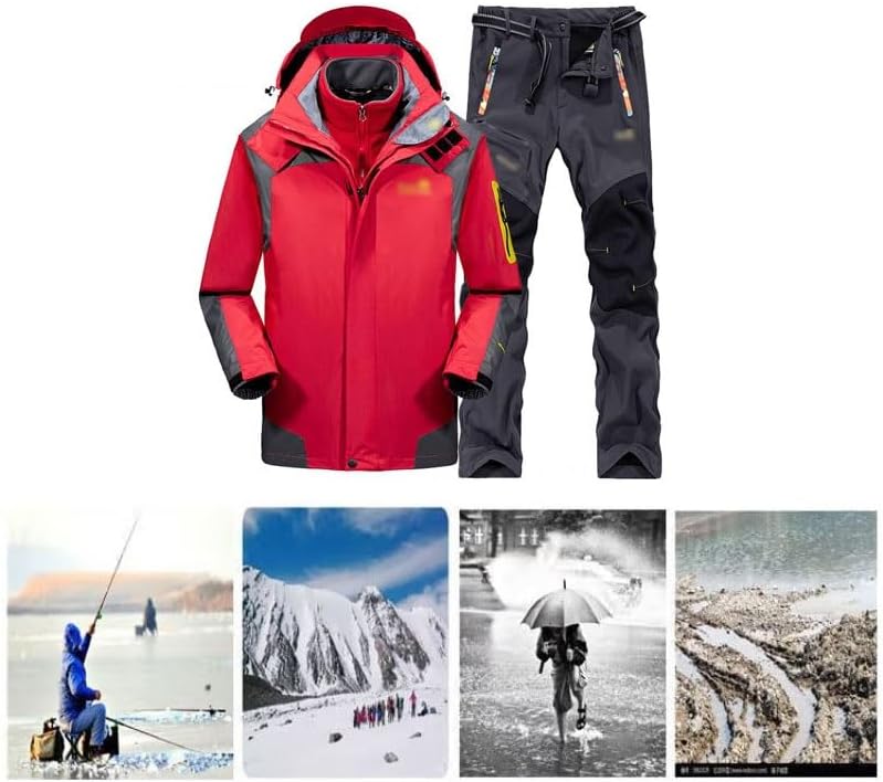 Winter Outdoor Ski Suit Men, Insulated Waterproof Ski Hooded Jackets and Pants with Belt Set