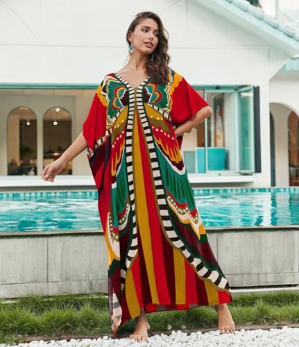 Image of sunforyou Kaftan Dresses for Women Plus Size Lightweight Swimsuit Cover up Batwing Sleeve Print Loungewear Beach Robe