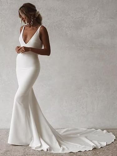 SHANDUAO Simple Boho V Neck Beach Bridal Gowns Spaghetti Straps Mermaid Satin Beach Bridal Gown with Train Satin Formal Dress for Women 2025 Ivory 4 - Thumbnail 3