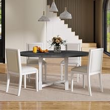 5-Piece Extendable Dining Table Set for 4, Round Dining Table with 4 Upholstered Chairs, Farmhouse Kitchen Table Set with Removable Leaf for Dining Room and Kitchen Grey+White-5.13