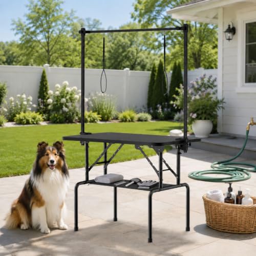 Image of 36 Inch Foldable Dog Grooming Table with Adjustable Arm, Nooses & Storage Basket - Non-Slip Pet Grooming Station for Dogs & Cats - Supports Up to 300 lbs (36 inches)