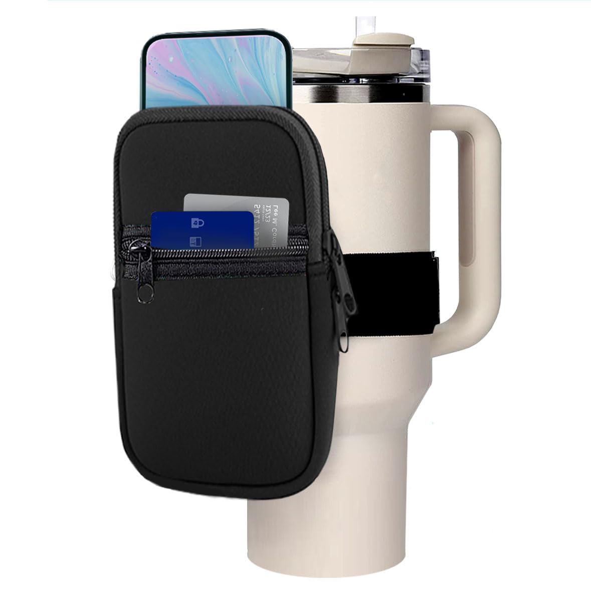 Water Bottle Pouch, Stanley Cup Accessories, Stanley Quencher Adventure 40oz, IceFlow 20/30oz, Yeti, Simple Modern Accessories, Tumbler Pouch, Pocket for Keys, Cards, Cash, Phone (Black)