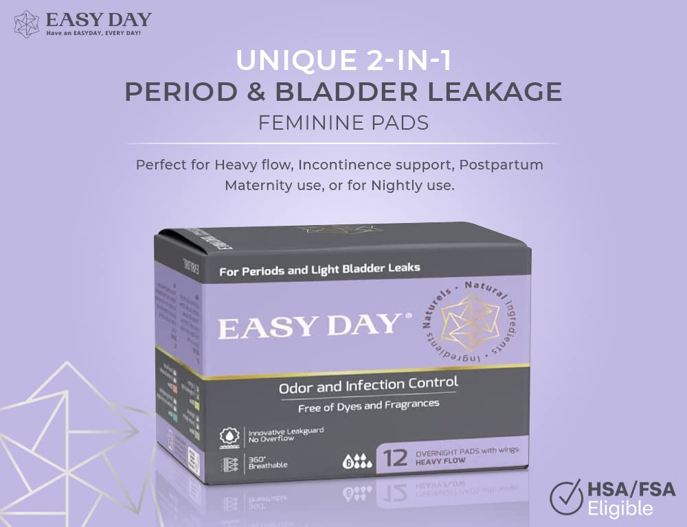 EASYDAY Overnight Heavy Flow(2-in-1 Period & Light Bladder Leakage Feminine Pads) Wings, Sensitive Skins, Unscented, Breathable, Ultra Thin Innovative Leak Guard, Individually Wrapped (12)