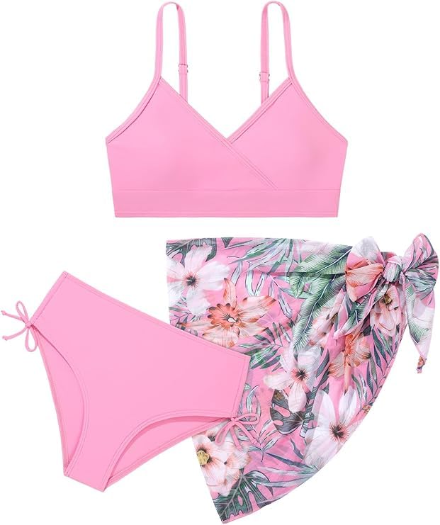 Image of Girls Swimsuit V Neck Bikini Set Color Block with Cover Up Skirt 3 Piece Bathing Suits Tween Swimwear 9-16 Years