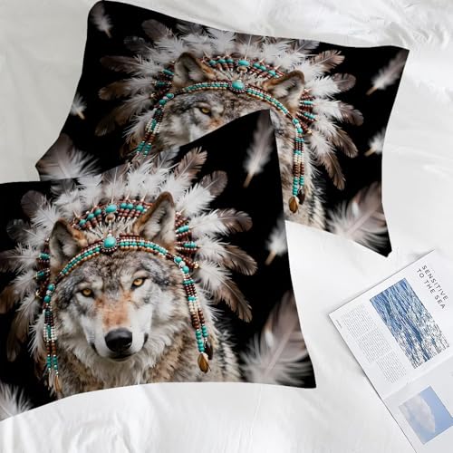 Image of 3D Wolf Comforter Set Queen Size Wildlife Animal Bedding Sets for Kids Adults Boys Girls Bedroom Black Brown Tribal Feather Quilt 1 Comforter 2 Pillowcases