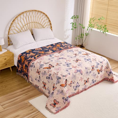 Image of VANJOROY Boho Throw Blanket, 100% Organic Cotton Breathable Ultra Soft 91 inch x 108 inch King Bed Quilt Throw - All Season Floral Rustic Farmhouse Decor Luxury Blanket for Sofa Couch Chair and Gift
