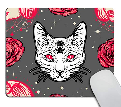 Smooffly Dark Witchy with Four Eyed Lady Computer Mouse Pad,Cat and Roses Floral