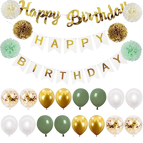 Happy Birthday Weiß Gold Geburtstag Deko Luftballons Grün Gold Geburtstagdeko Seidenpapier Pompons für Geburtstag Dekoration Mädchen Jungen