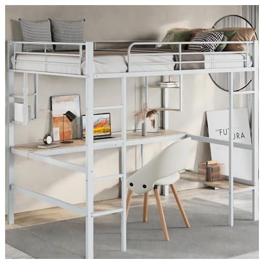 OOIILLEE Lit Mezzanine 90 x 200 cm, lit Enfant avec Bureau, Quatre Petites bibliothèques et Une Grande bibliothèque, Cadre de lit en métal pour Enfants, Adolescents et Adultes, Blanc