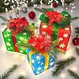 Uieke Set of 3 Christmas Lighted Gift Boxes, Snowflake Present Boxes, 60 Warm White LED Lights, Red/Green, Indoor/Outdoor, Christmas Decorations