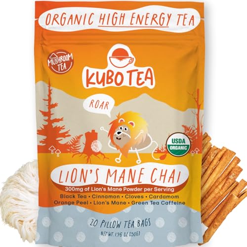 High Caffeine Mushroom Tea (155 mg) – Kubo Tea: Organic Lion’s Mane Chai Black Tea Bags for Clean Energy & Focus | Healthy Coffee Substitute | Mushroom-Infused Blend | 20 Ct | Compostable Packaging