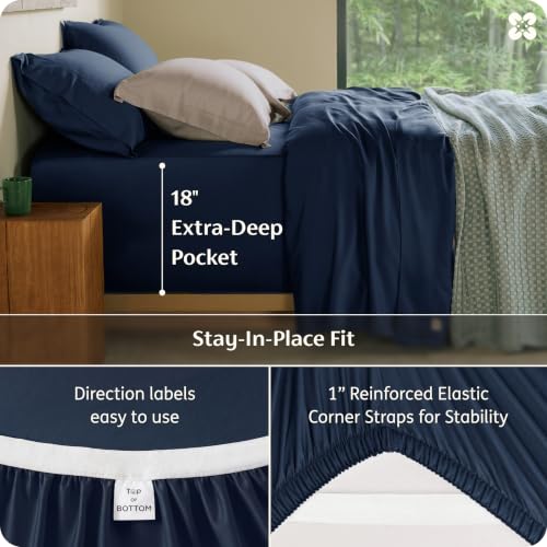 Image of Bedsure 100% Organically Grown Bamboo Viscose Queen Sheet Set | Cooling Bedsheets for Hot Sleepers | Luxury Silky Soft PureWoven | 18 inch Deep Pocket with Corner Straps | Oeko-Tex Certified [Navy]