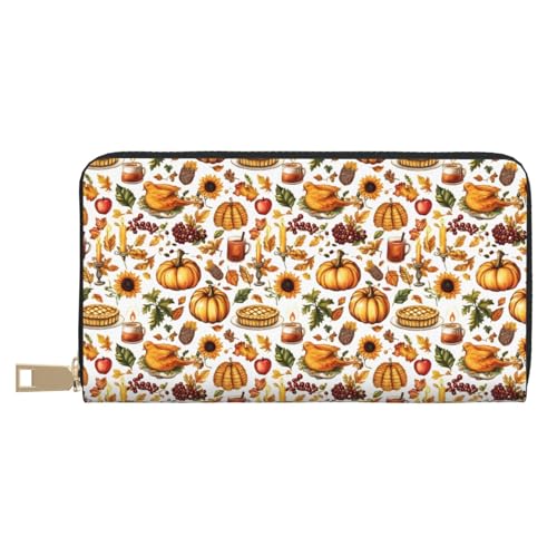 Leather Thin Slim Wallets for Women Men - Fashion Autumn Thanksgiving Food Print Card Wallet Holder with Zipper