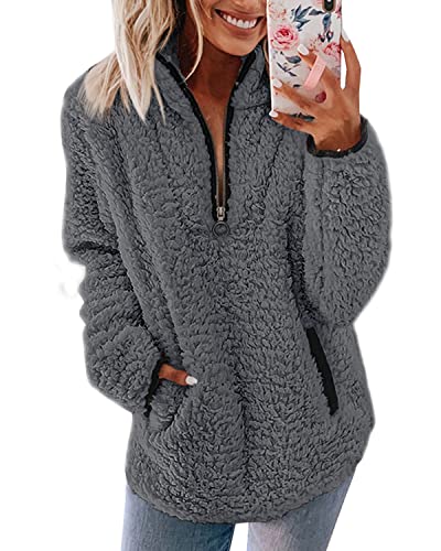 Pullover Damen Fleecepullover Teddyjacke Teddy Flauschiger Teddyfleece Jacke Kuschelpullover Winterjacke Fleecejacke Plüschjacke Kuscheljacke Kapuzenpullover Winter Mit Taschen Top (B Grau, S)