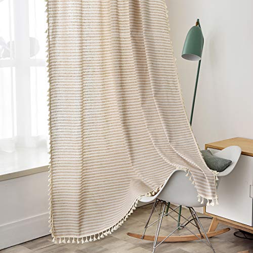 Image of ColorBird Stripe Tassel Window Curtains 2 Panels Semi-Blackout Rod Pocket Drapes with Farmhouse Tablecloth Cotton Linen Fabric Home Decoration for Dining Living Room (Beige)