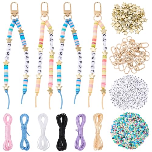 Image of BEAMARKER 4924Pcs Letter Bead Keychain Making Kit with 6Pcs 12m Nylon Cord Small Colorful Polymer Clay Star Acrylic Bead Swivel Clasps Keyrings Sets for Car Key Chains Purse Handbag Party Favors Decor