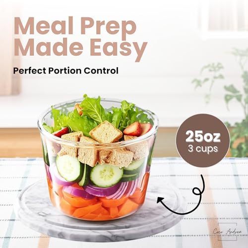 Image of Coco Andrea Reusable Round Glass Meal Prep Containers With Lids, 4 Sets | 25 oz /3 Cup Glass Storage Containers With Lids; airtight and microwave-safe for meal prep, lunch and soup.