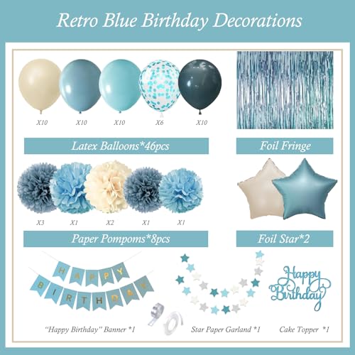 Blue Birthday Decorations - Blue Party Decor Balloons with Happy Birthday Banner Fringe Curtain Background Blue Pom Poms, Light Blue Birthday Decorations for Men Women by Aurasys - Used condition - Image 2