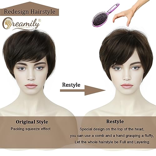 Creamily Perücke Kurze Damen Perücke Pixie Cut Perücke Kurzes Haar mit Bangs Natürliche Gestufte Kunsthaar Kurze Perücke für Damen Creamily Brown Women Perruques (C-Schokoladenbraun)