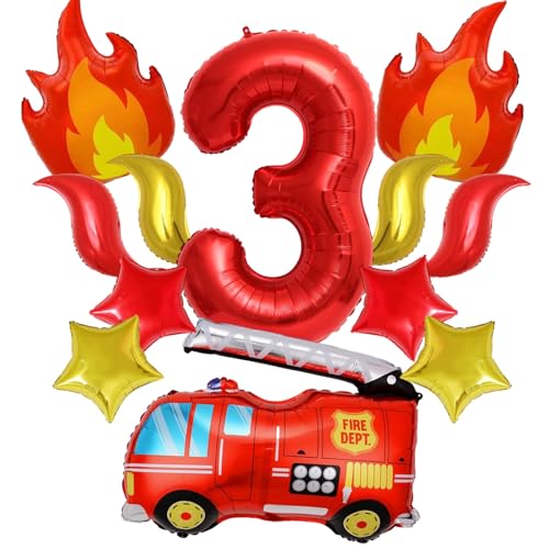 Firefighter Birthday Party Decorations – 13PCS Fire Truck & Flame Balloons Set with Stars, S-Shapes & Number 3 Foil Balloons for 3rd Birthday Party Supplies