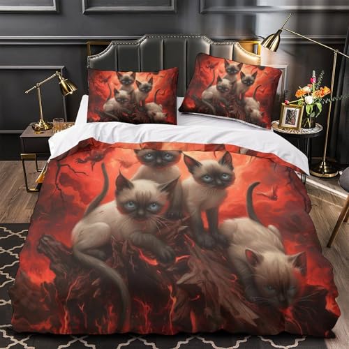 Housse de couette chat siamois imprimé 3D parure de lit microfibre